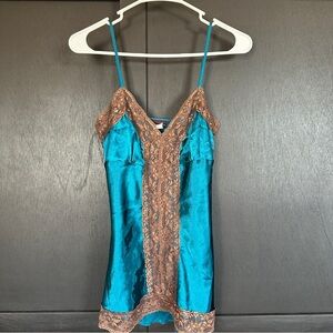PRETTY GOOD Silky Y2K Tank Top Lacy Spagetti Teal and Brown Lace Size S